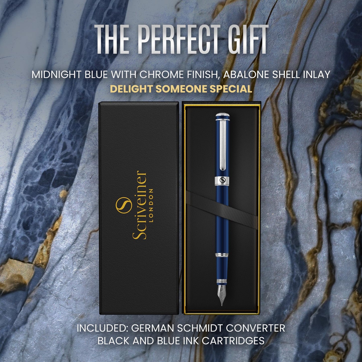 Scriveiner Midnight Blue Fountain Pen - Stunning Luxury Pen with Chrome Appointments, Schmidt Nib (Fine), Best Pen Gift Set for Men & Women, Professional, Executive, Office, Nice Pens
