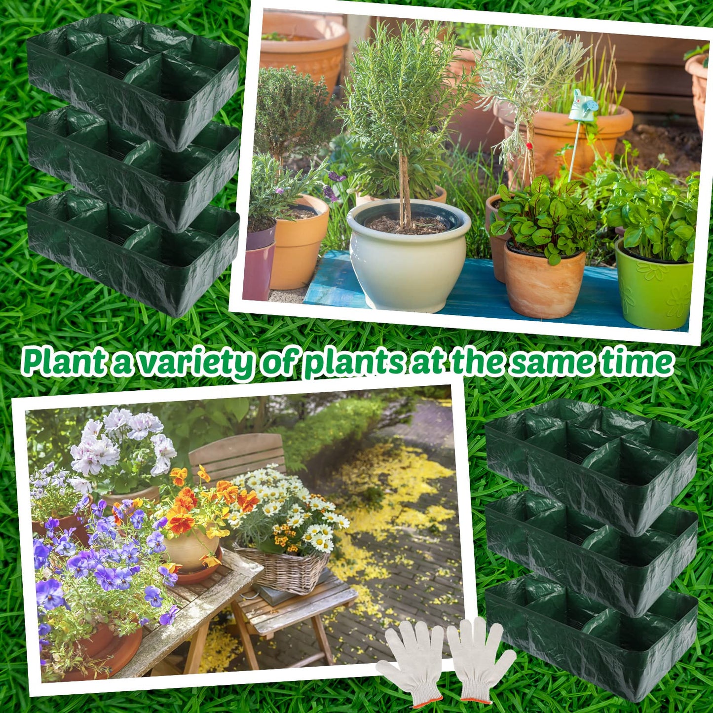 Gerrii 6 Pack 35 Gallon Fabric Raised Garden Beds Rectangle Garden Planting Bed with 6 Divided Grids Drainage Holes 4 Pcs Warehouse Gloves for Vegetables Flowers Tomatoes Herb(Polypropylene, Cotton)