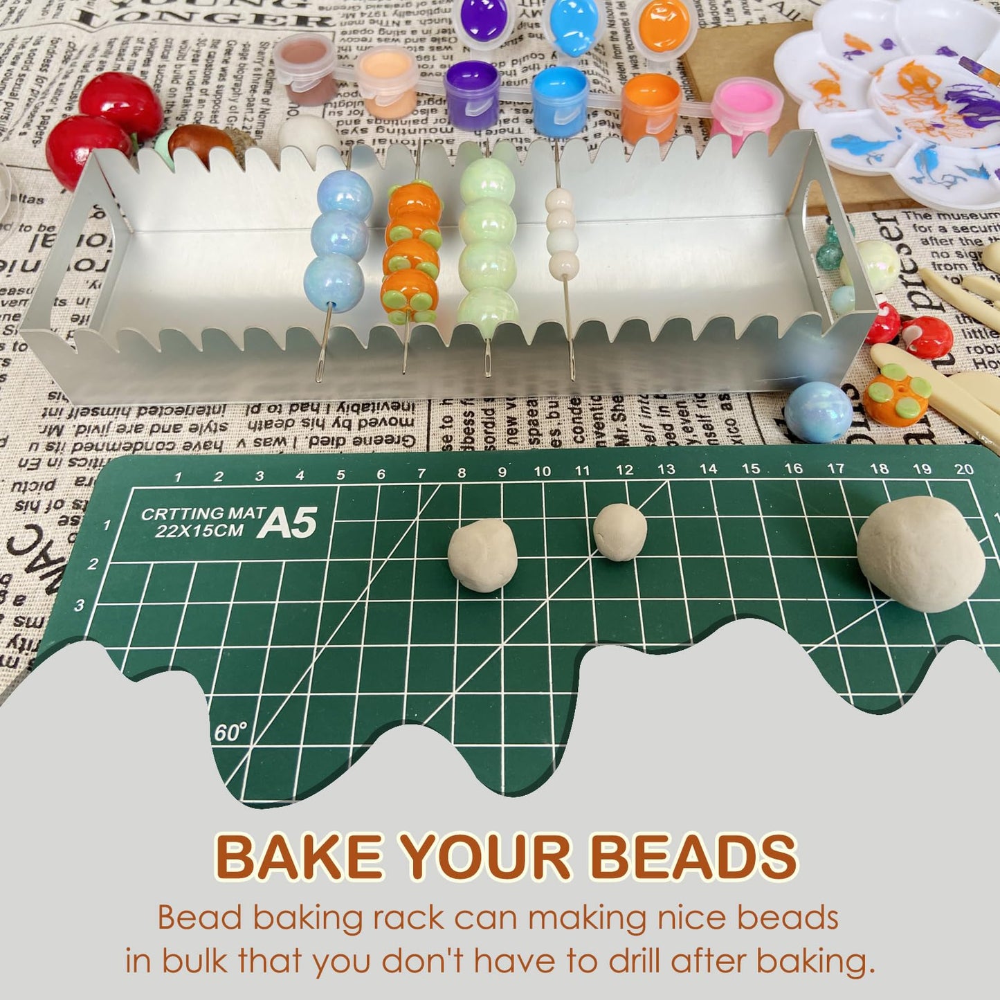 Uiyofok Bead Baking Rack,Polymer Clay Tools for Bead Maker,Drying Rack for Polymer Clay Jewelry Making Supplies(with 20 Pins & 2 Roll of Elastic Strings)