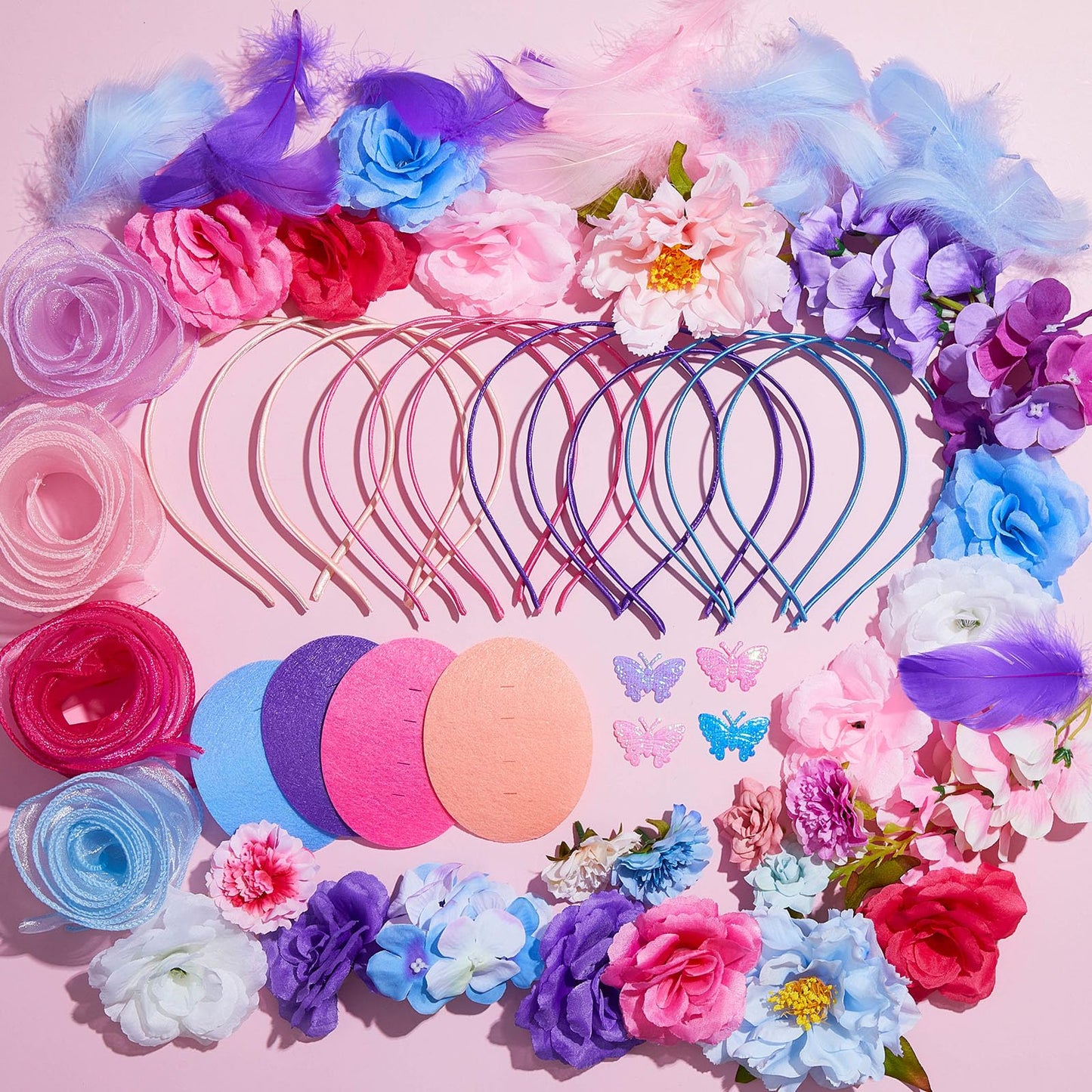 Windkream 353 Pcs Headband Making Kit for Women Include 12 Headbands 24 Fake Flowers 300 Feathers 4 Mesh Ribbons 1 Roll Double Faced Adhesive Tape 12 Butterfly Accessories for DIY Hair Tea Party Decor