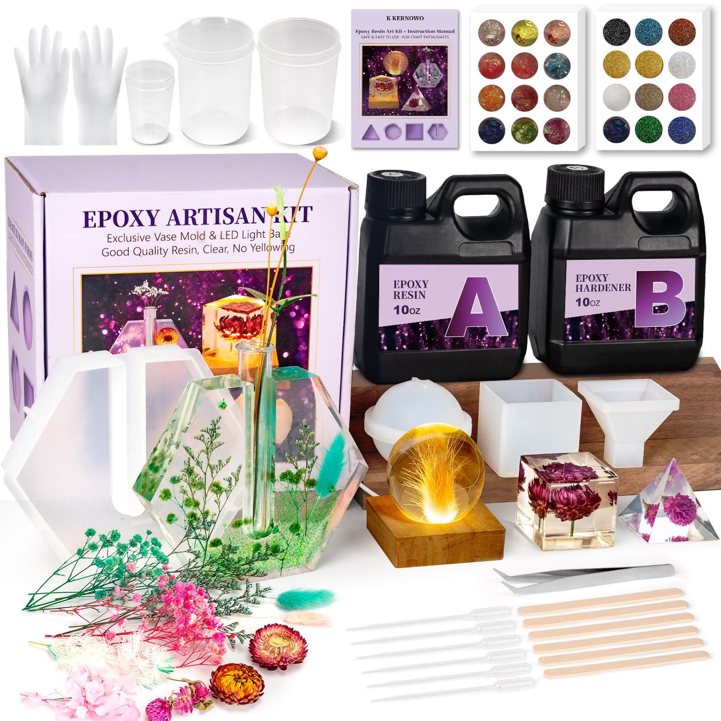 K KERNOWO Epoxy Resin Kit with Light for Beginners, Resin Kit and Molds Complete Set DIY Crafts for Adults Women, Epoxy Set with Vase Mold, 3D Dried Flowers, Measuring Cups and Resins Supplies-20OZ