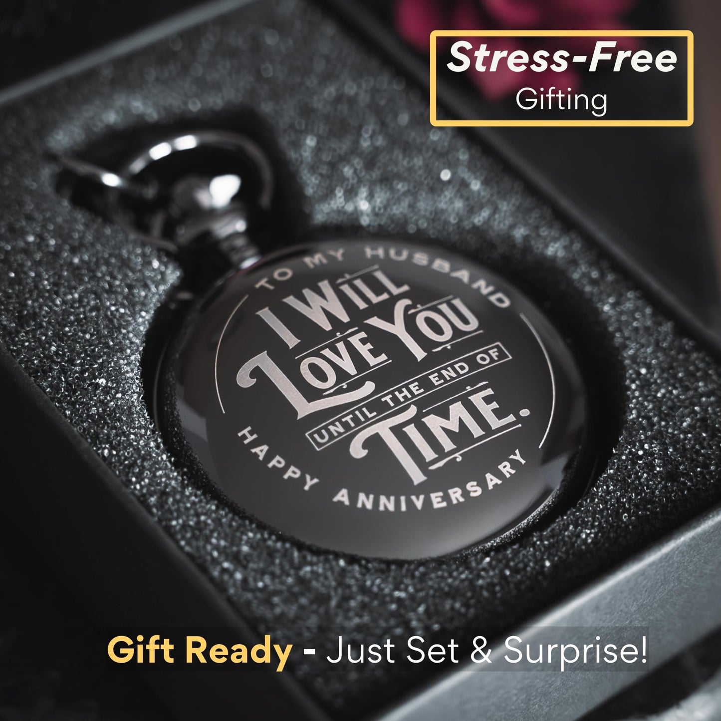Red Dot Laser Engraving Anniversary Pocket Watch for Husband - Engraved Silver Stainless Steel - Meaningful Keepsake - Boxed and Ready to Give