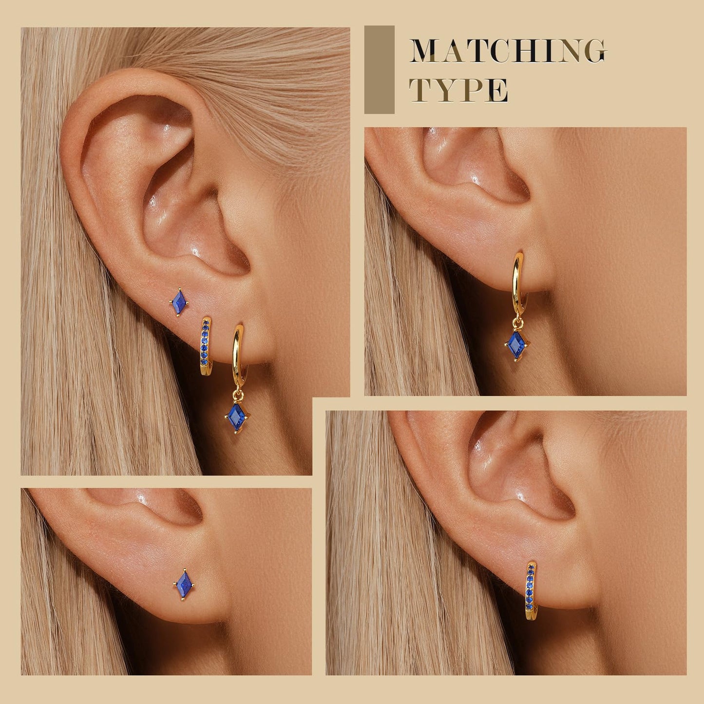 Gold Hoop Earrings Set for Women, Dainty 14K Gold Plated Dark Blue Earrings, Hypoallergenic Trendy Small Earring Stacks Multiple Piercing, Huggies Earring for Women Blue