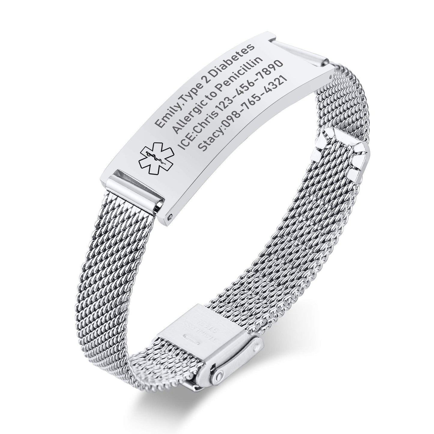 VNOX Medical Alert Bracelets for Men & Women with Free Engraving Adjustable Stainless Steel Mesh Emergency Medical ID Bracelets Wristband,Silver