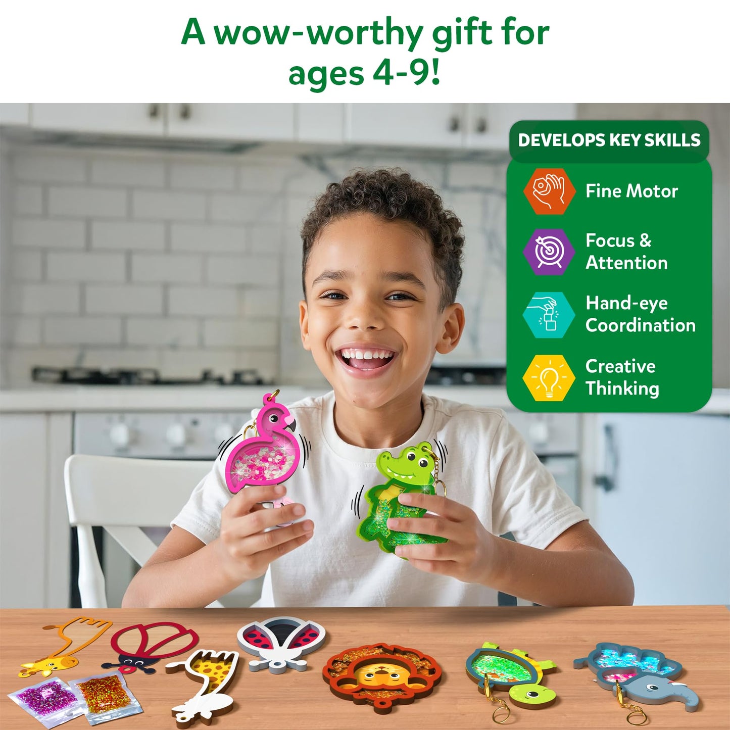 Skillmatics Shake-its – Glitter Craft Kit for Kids, DIY Animal Arts & Crafts with Keychains, Mess-Free Activity, Travel Toy, Birthday Gift for Girls & Boys Ages 4, 5, 6, 7, 8, 9