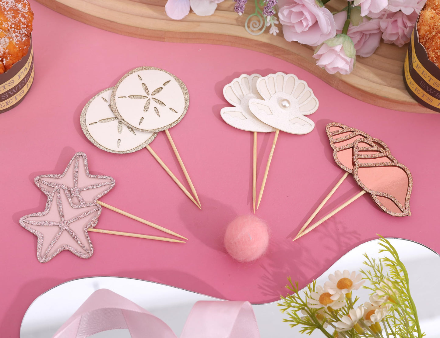 Mermaid Sea Shell Theme Cupcake Toppers - Oneder the Sea Birthday Decorations, 12 PCS Neutral Boho Ocean Beach Cupcake Topper, Under the Sea Party Decor, Mermaid Baby Shower Decoration
