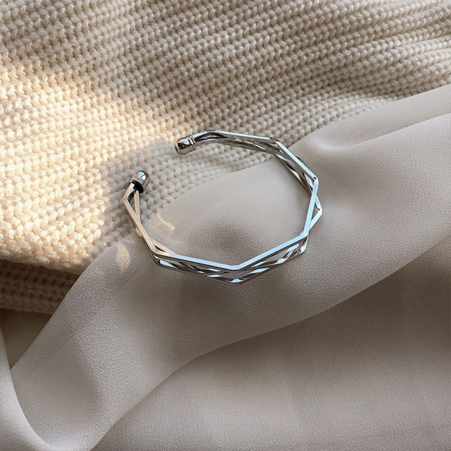 Handmade 925 Sterling Silver Bangle Bracelets For Women Geometric Hollow Bangles Irregular Wide Band Chunky Bangles Adjustable Open Cuff Bangle Bracelets For Women Stackable Wrap Bangle Bracelets Gift