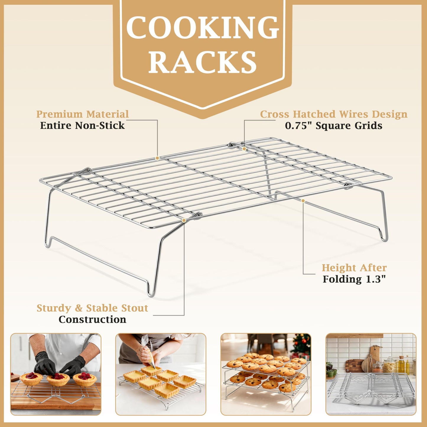 LIANYU Cooling Rack 15"x10", 5-Tier Stackable & Collapsible Stainless Steel Baking Wire Racks for Cooking, Baking, Roasting, Drying, Oven & Dishwasher Safe, Silver