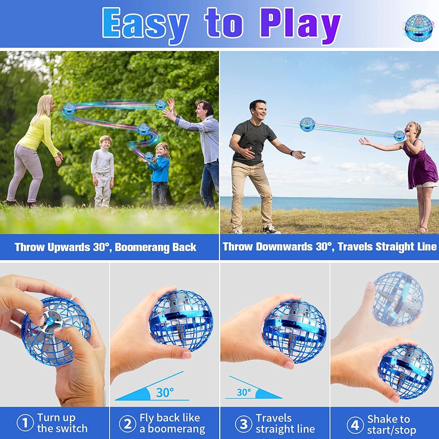 HONBQYCC Flying Orb Ball Toys, 2025 Hover Galaxy Ball Soaring Nebula Flying Orb, Hand Controlled Boomerang Spinner, RGB Light Magic Space UFO Cool Toy, Mini Drone for Kid Adults Outdoor Indoor-Blue