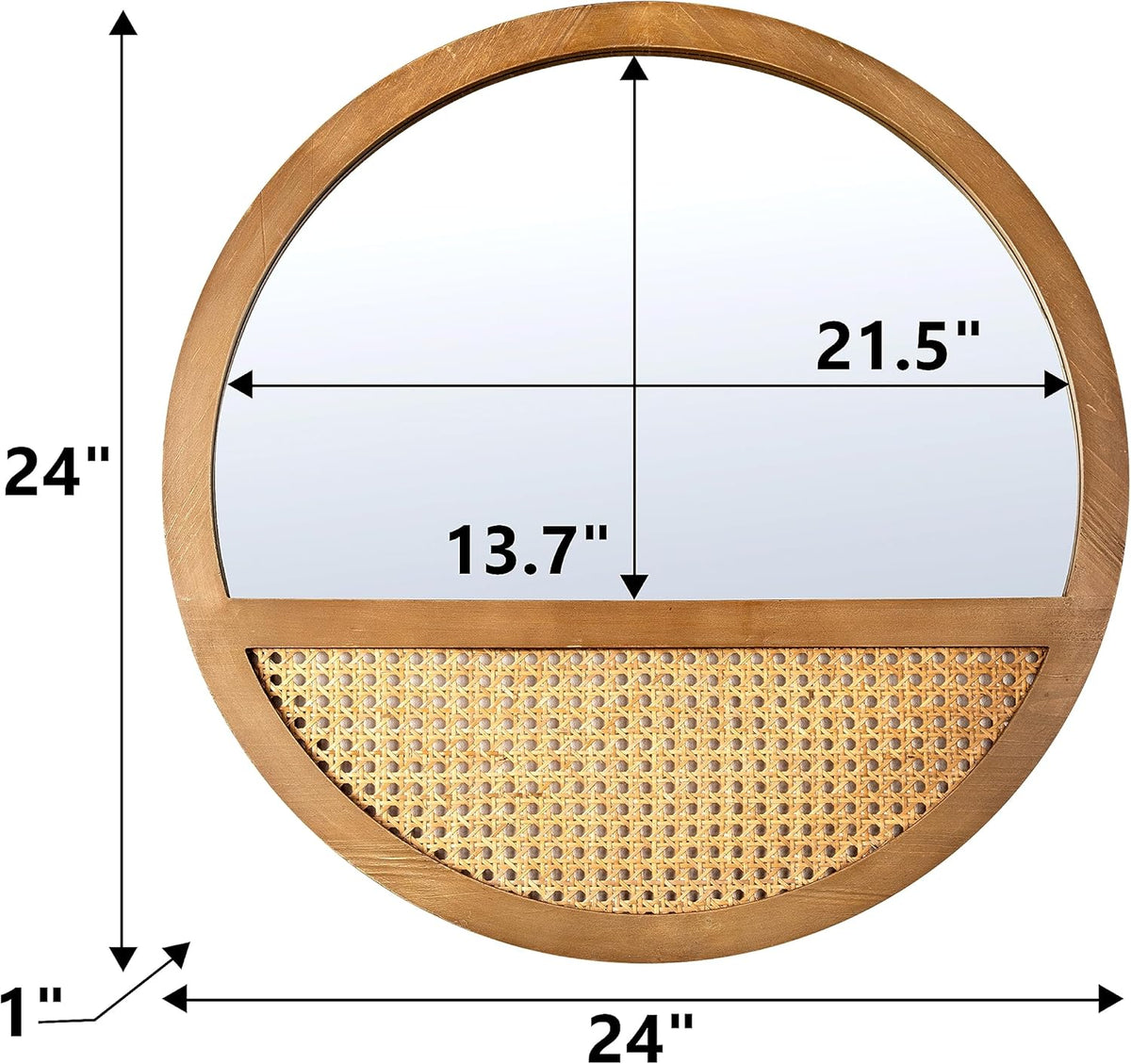 Rattan Round Mirror, 24 Inch Wall Mirror for Living Room Decor, Wooden Framed, Vintage Hanging Mirror, Hand-Woven for Wall Art Decoration