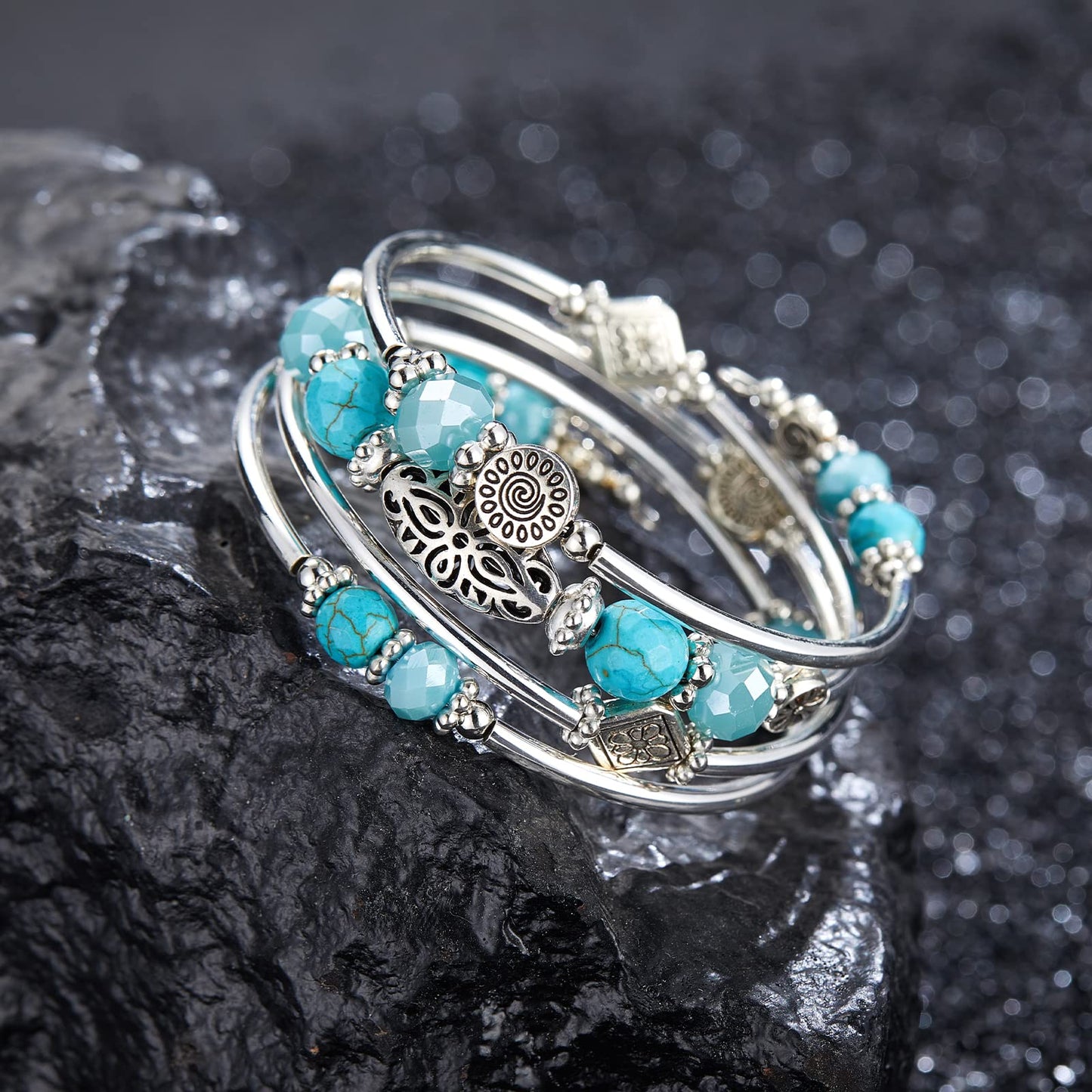 FULU AUTUMN Stackable Beaded Bracelet for Women Boho Wrap Silver Bracelet Layered Fashion Jewelry Gift for Her (Turquoise 2)