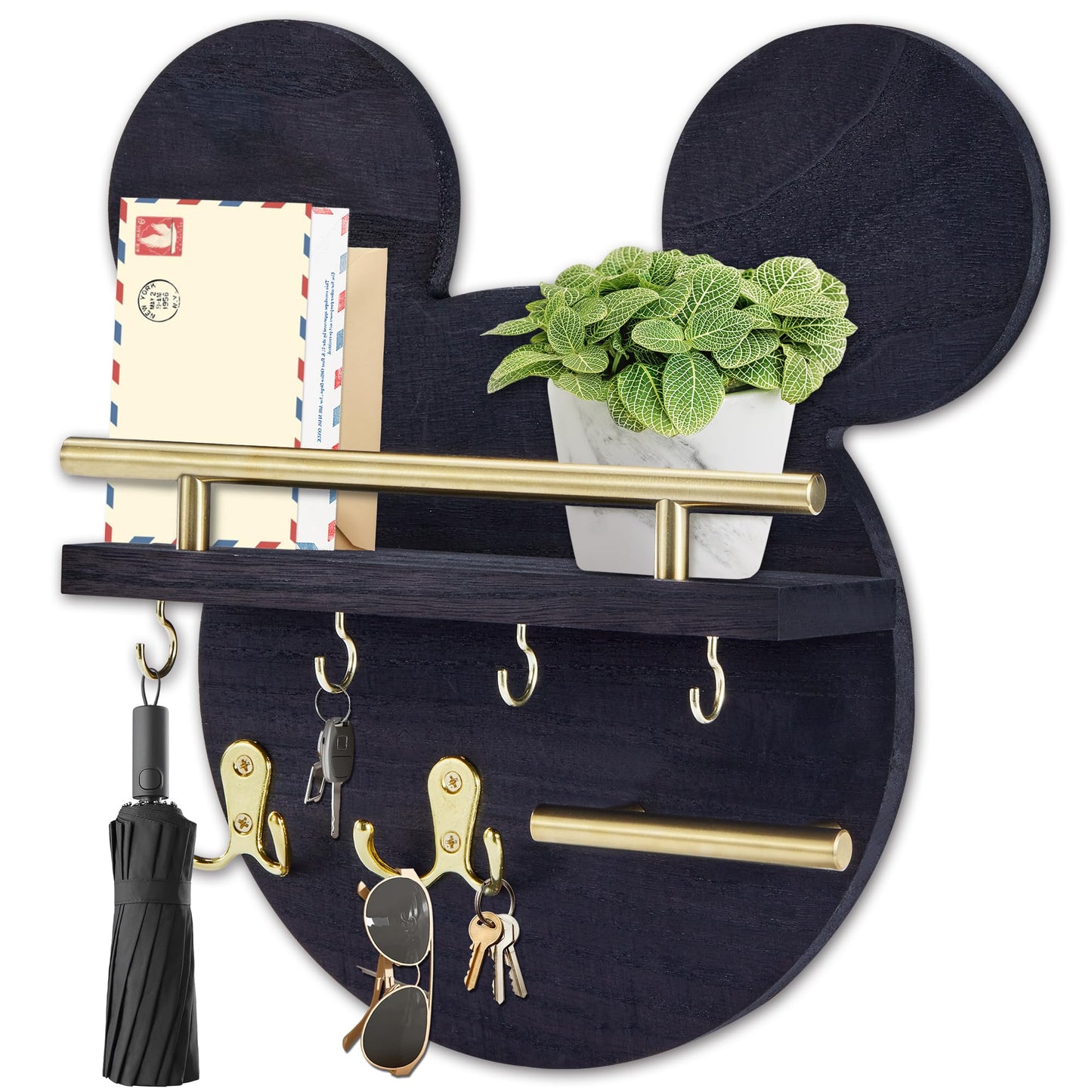 AIRPOP Key Holder for Wall–Mouse Wooden Mail Organizer Wall Mount with Shelf and 6 Hooks, Easy Installation Key Rack Hanger for Entryway Living Room Home Decor (Black)