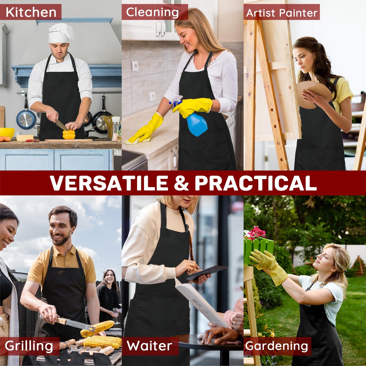 FunChaos 2 Pcs Plus Size Chef Apron, Black Apron, Unisex Aprons with 2 Pockets for Cooking, Grilling, BBQ, Work, Professional Aprons for Waiter Artist Hairdresser (Large Size)