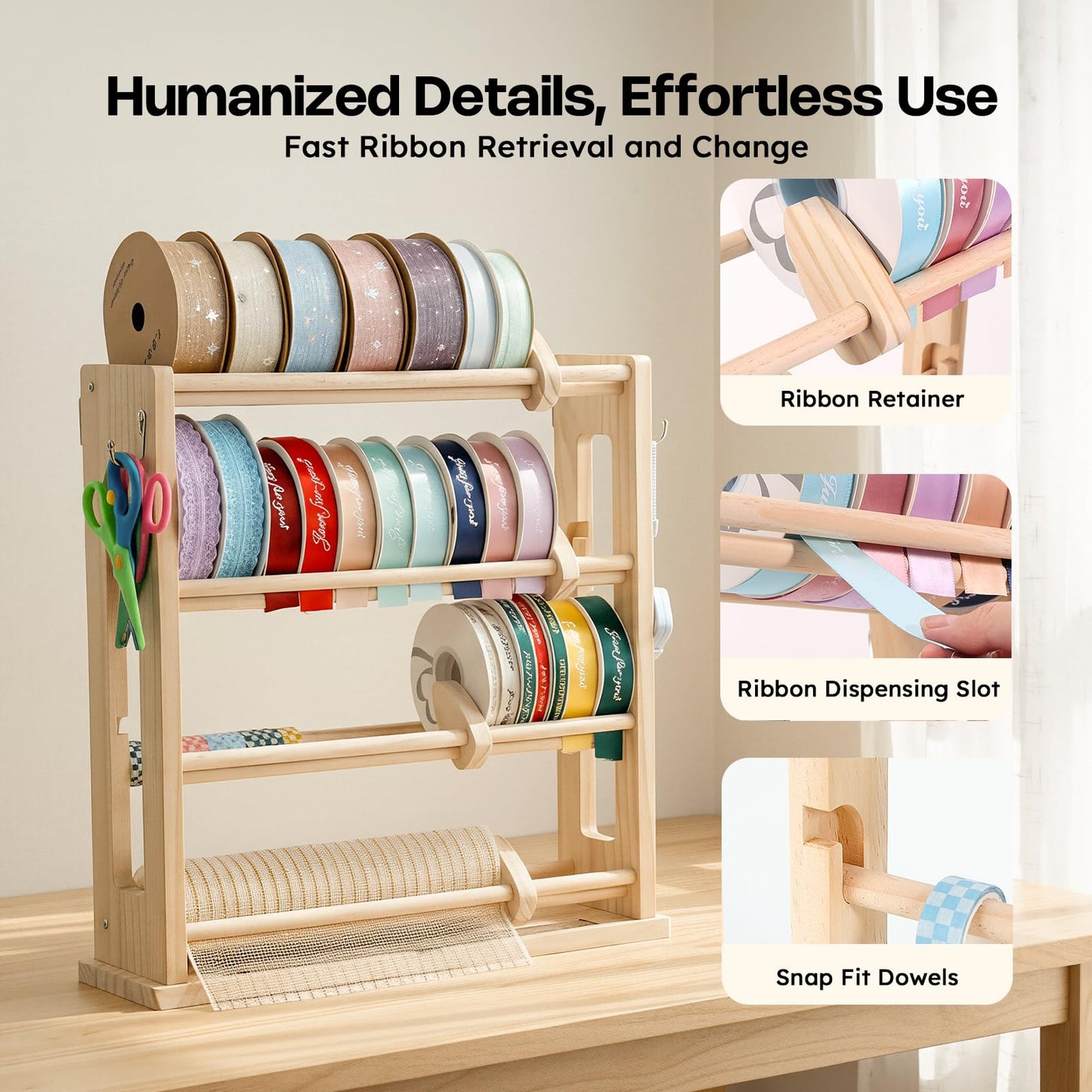 𝐂𝐫𝐚𝐟𝐢𝐭 Ribbon Storage Rack, 4-Tier Ribbon Organizer Spool Holder Dispenser, Display Sewing Thread Mesh Ribbon Wreath Washi Tape for Craft Room Shops Boutiques Florist Gift Wrapping