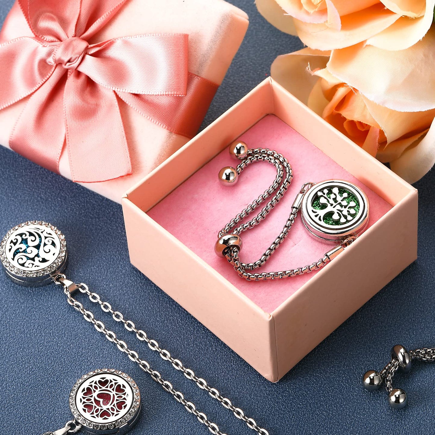 MTLEE 6 Pcs Essential Oil Diffuser Necklace Bracelet Set for Women Stainless Steel Locket Pendant Adjustable Bracelet with 40 Pcs Refill Pads Christmas Holiday Xmas Gift(Cute Style)