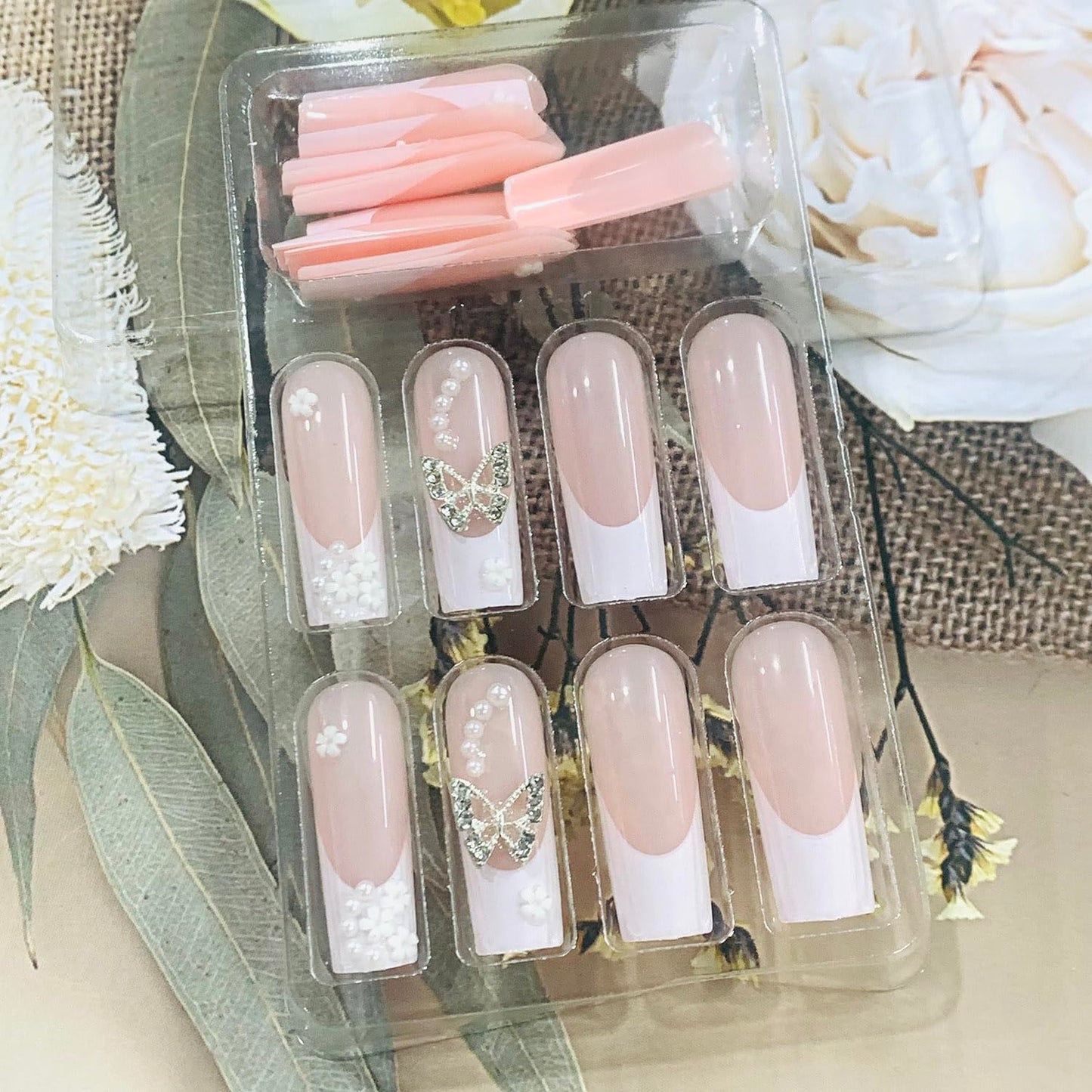 FIEONCIY Press on Nails Long Coffin Shaped Acrylic Glossy Full Cover Long Square French False Nails with Designs Artificial Extra Long Fake Nails with Charms Glue ons Fingernails for Women(DZ1618)