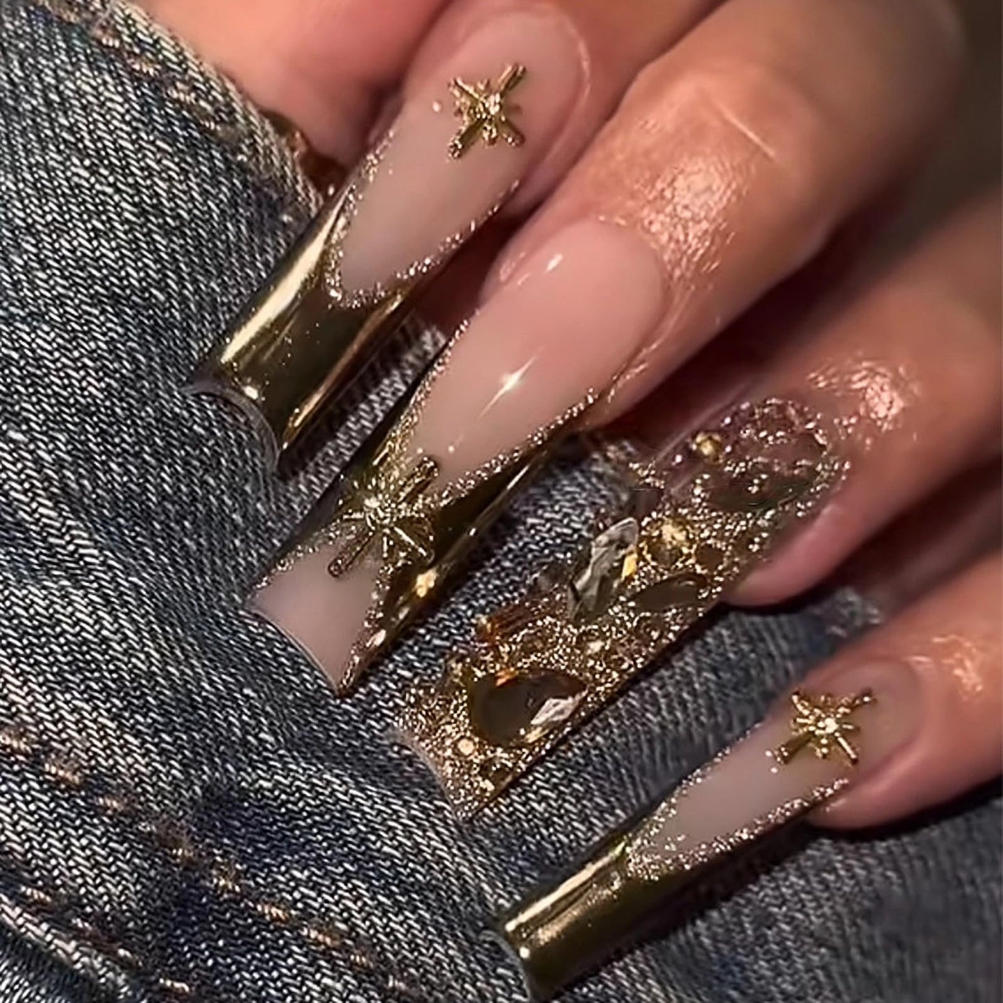 MISUD Press on Nails - Long Square Fake Nails with Gold Chrome, Acrylic Bling Glitter Rhinestone Design 24 pcs