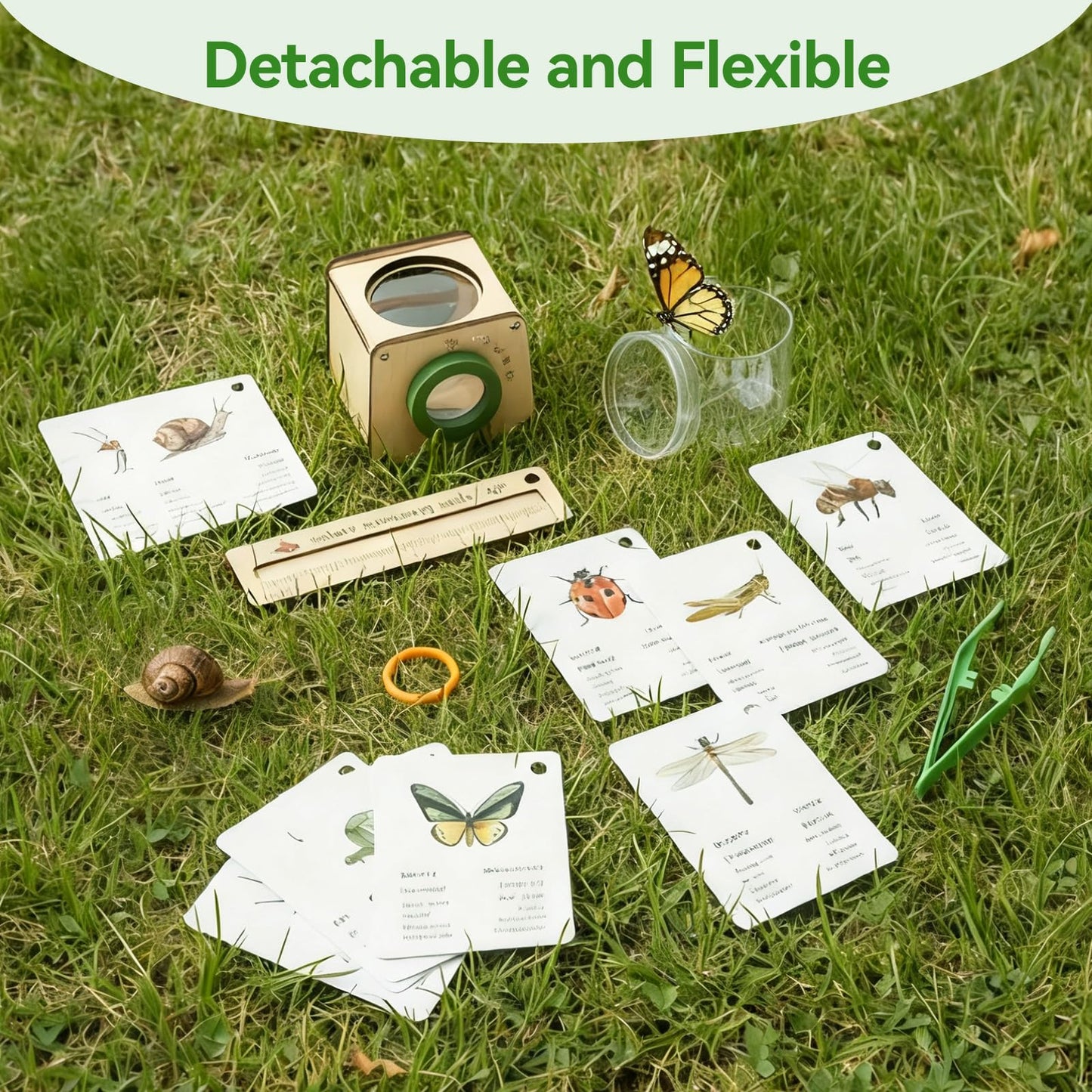 Wooden Bug Catcher for Kids, Tri-View Bug Viewer Kit, Top & Bottom Magnifiers, Insect Observation Container with Tweezers, Ruler & 10 Insect Cards, STEM Outdoor Explorer Toy