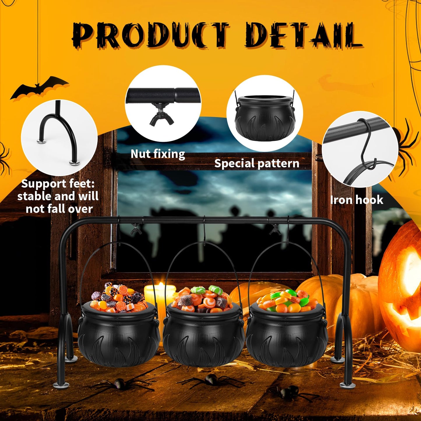 Halloween Decor - Halloween Party Decorations - Set of 3 Witches Cauldron Serving Bowls on Rack - Black Plastic Cauldron with Skeletons for Indoor Outdoor Home Kitchen Decoration