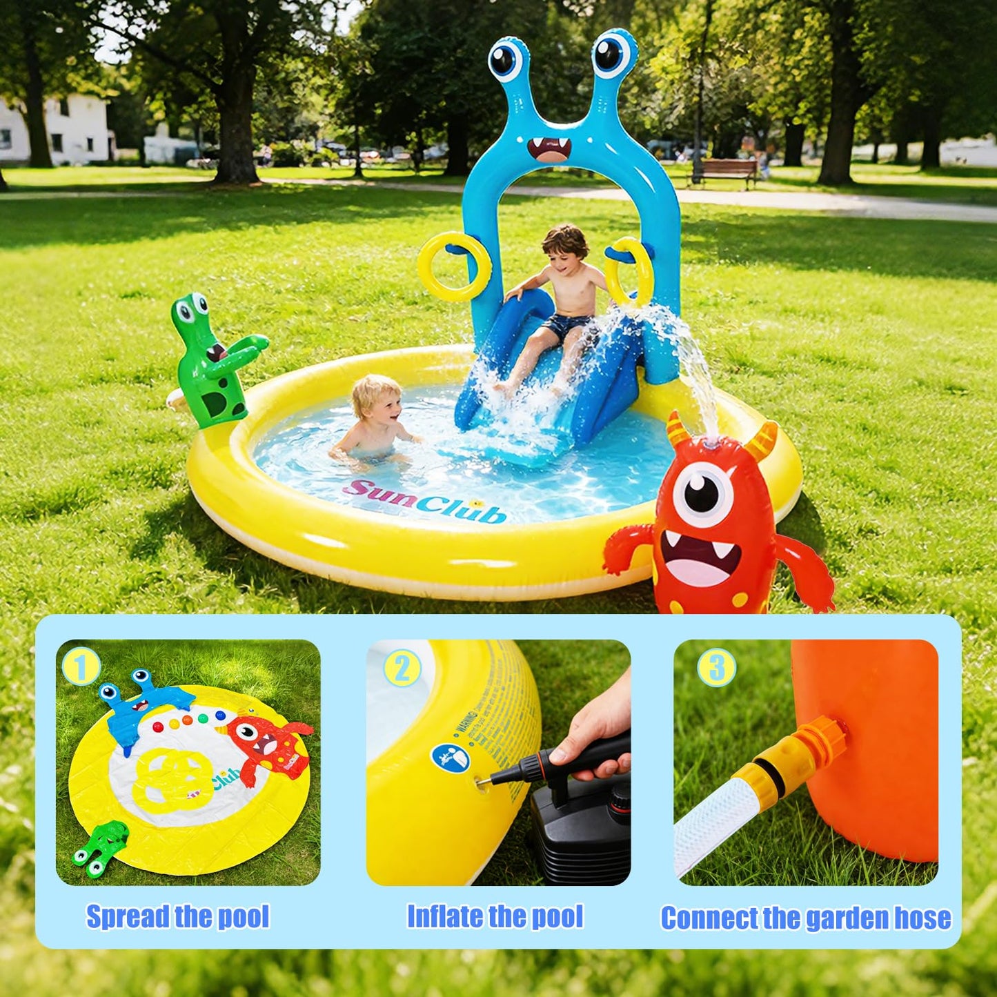 Inflatable Splash Pad for Kids - Monster Spray Inflatable Play Center Kiddie Pool with Slide Sprinkler Toss Rings & Balls, 70"x67"x54" Fun Outdoor Water Toy for Summer Backyard Seaside