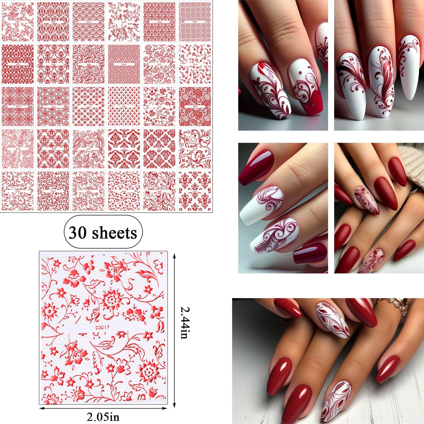 WEIXIWUYU Red Hollow Retro Floral Vine Nail Art Stickers Laser Silver Lace Design Nail Supplies 3D Self-Adhesive Nail Stickers for Women Girls DIY Manicure Slider Decorations 30 Sheets
