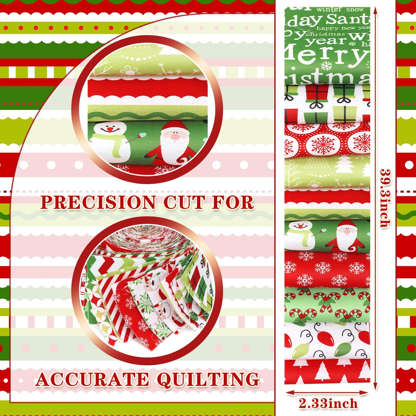 Fanfanwin 40 Pcs Red and Green Christmas Quilting Fabric Roll 2.56 Inch Precut Fabric Squares Jelly Patchwork Snowflake Peppermint Strips Materials for Winter Xmas Holiday Craft Sewing Panels DIY