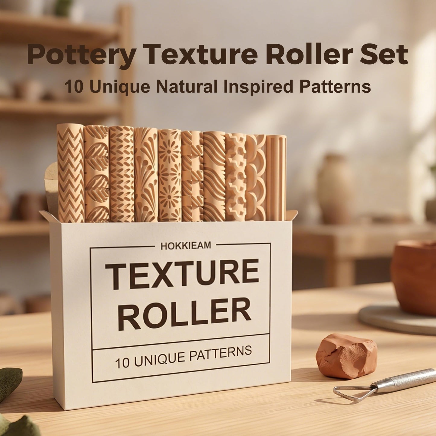 Hokkieam Clay Texture Rollers | 10-Pack Polymer Clay Texture Roller Set for Pottery & Crafting
