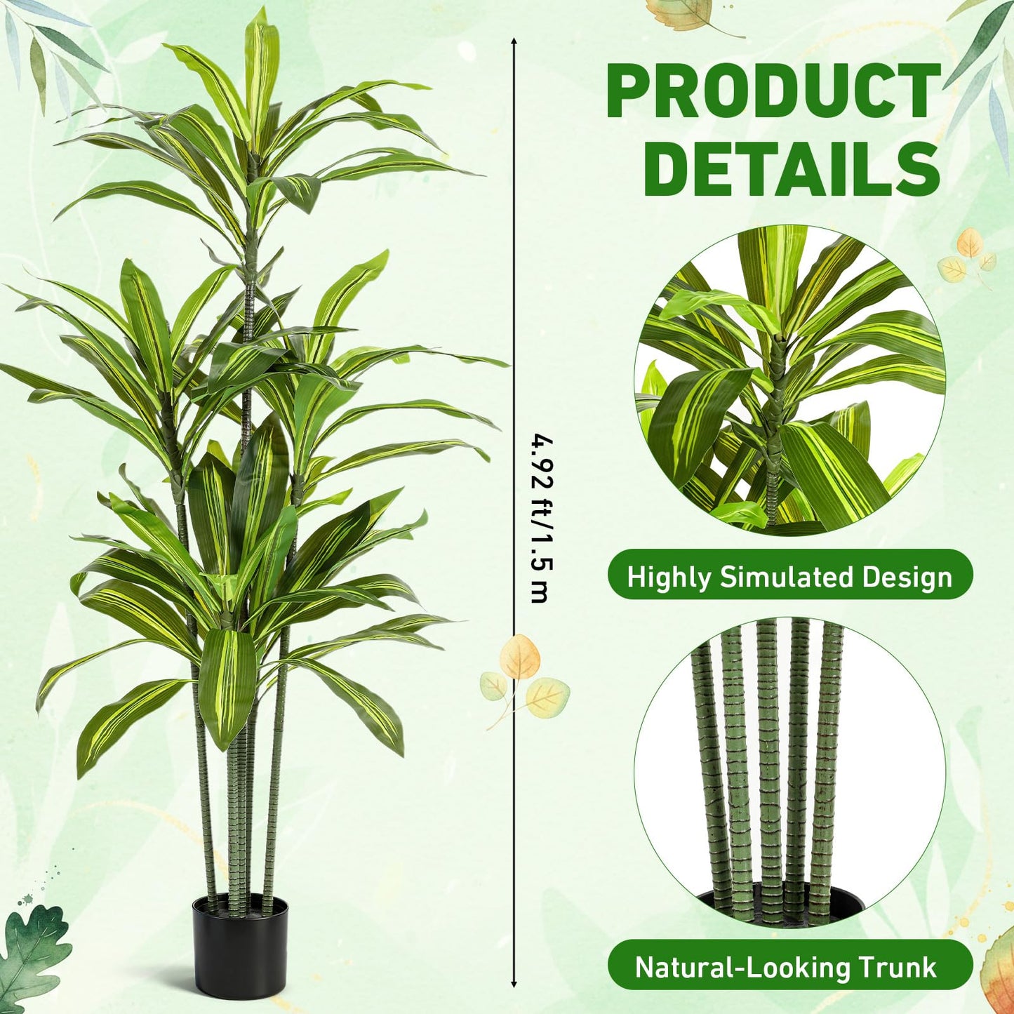Giegxin 2 Pack 5 FT Artificial Dracaena Tree, Indoor Fake Tree with Black Stable Planter, Natural Wood Trunk & Lifelike Leaves Dracaena Plants for Home Living Room Porch Office Housewarming Gift