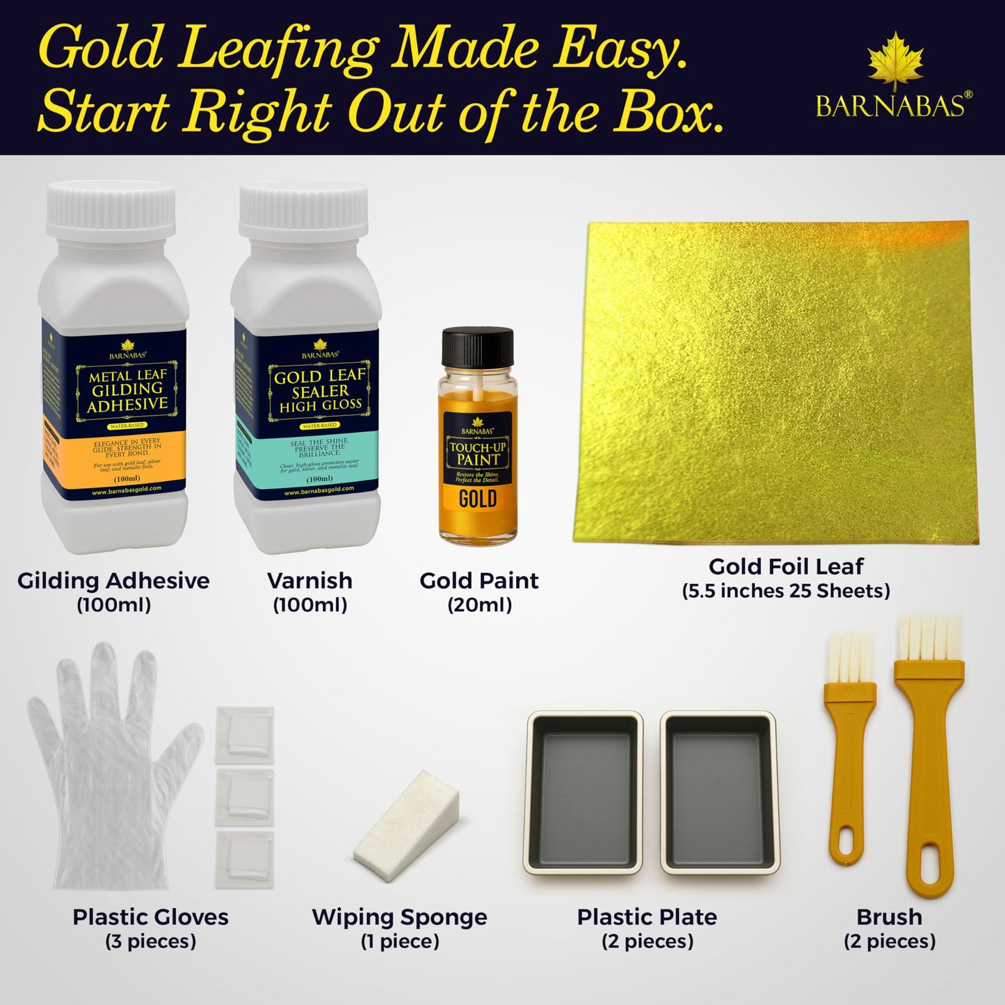 Barnabas Gold Leaf Kit – 25 Gold Foil Sheets, 100ml Gilding Adhesive, 100ml Sealer, 20ml Gold Paint, Brushes, Tools & Gloves for Crafts, Art, Furniture, and Decorative Projects