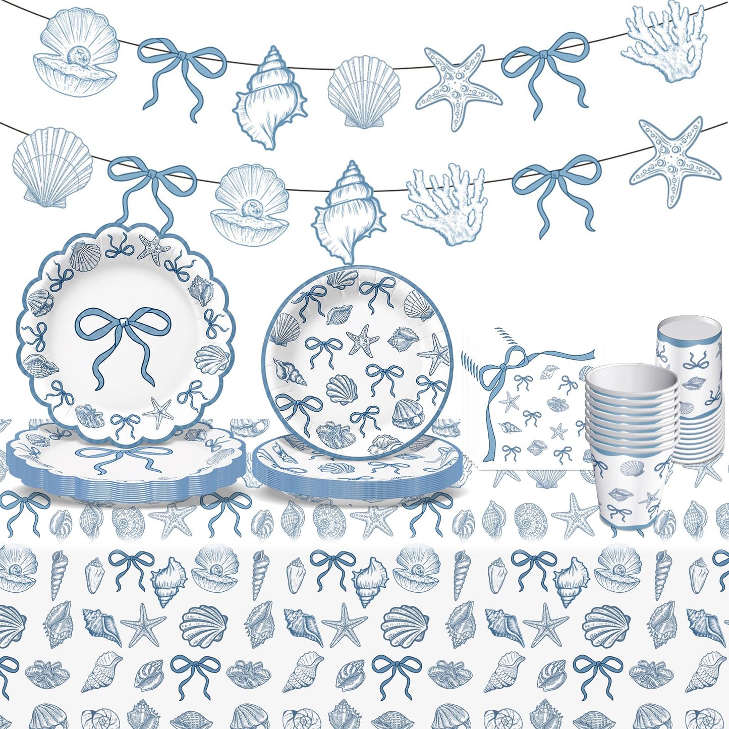 Seashell Party Decorations Ocean Sea shell Party Plates Supplies Blue Bow Seashell Paper Plates Napkins Tablecloth for The Summer I Turned Pretty Party Decorations, Serves 24