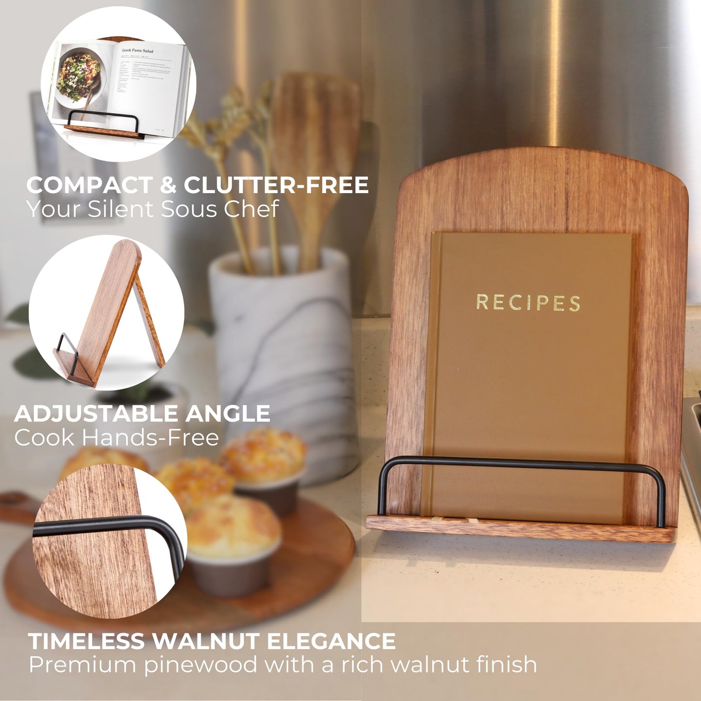 Beautiful Cookbook Stand for Your Kitchen Counter - Solid Wood Stand Easily Keeps Cook or Recipe Books Open for Convenient Cooking - Perfectly Fits Your iPad/Tablet and Enhances Any Kitchen Decor