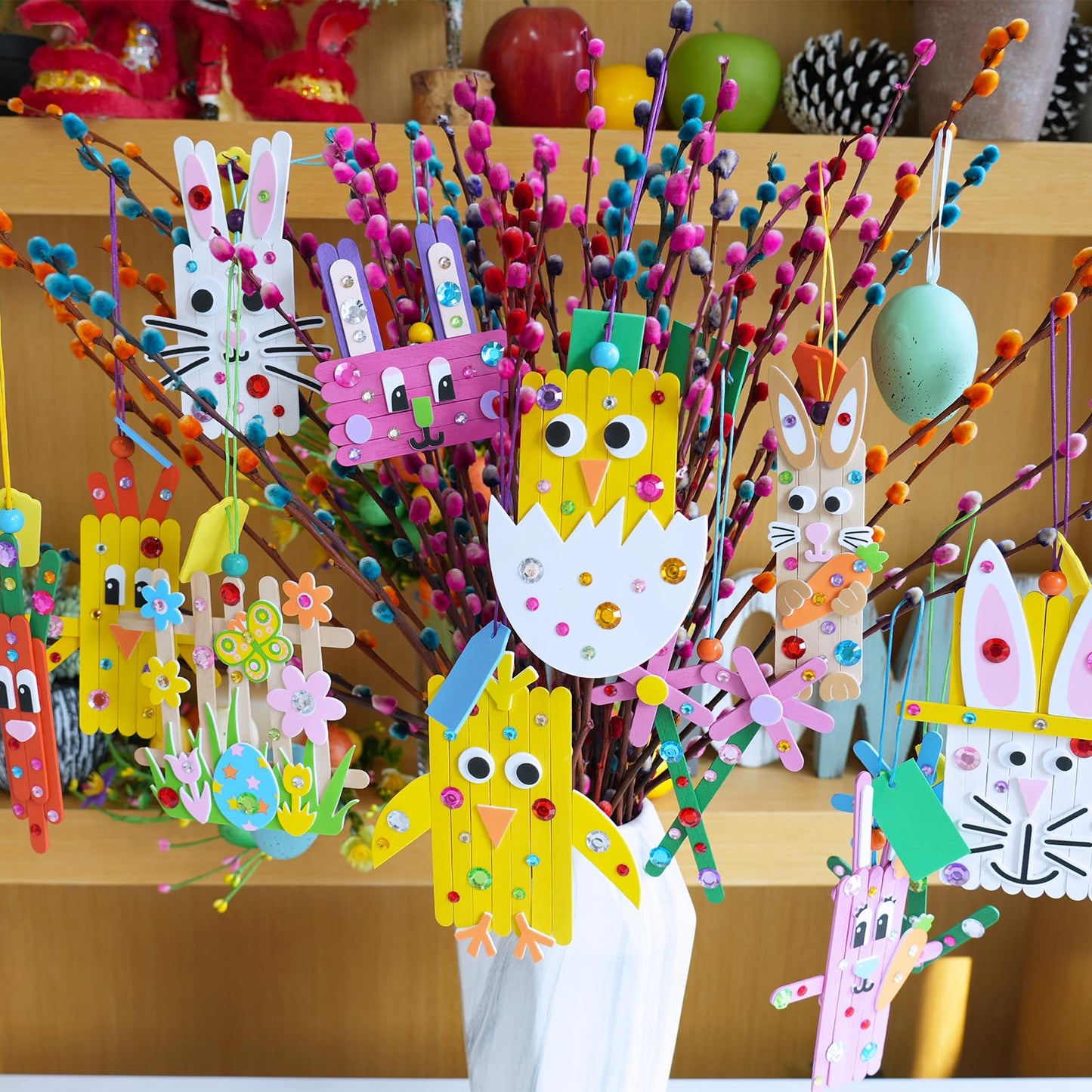 Winlyn 26 Sets Easter Craft Kits Spring Crafts DIY Craft Stick Easter Ornaments Decorations Art Sets Bunny Chick Lamb Flower Foam Stickers Arts and Crafts for Kids Classroom Activities Party Favors