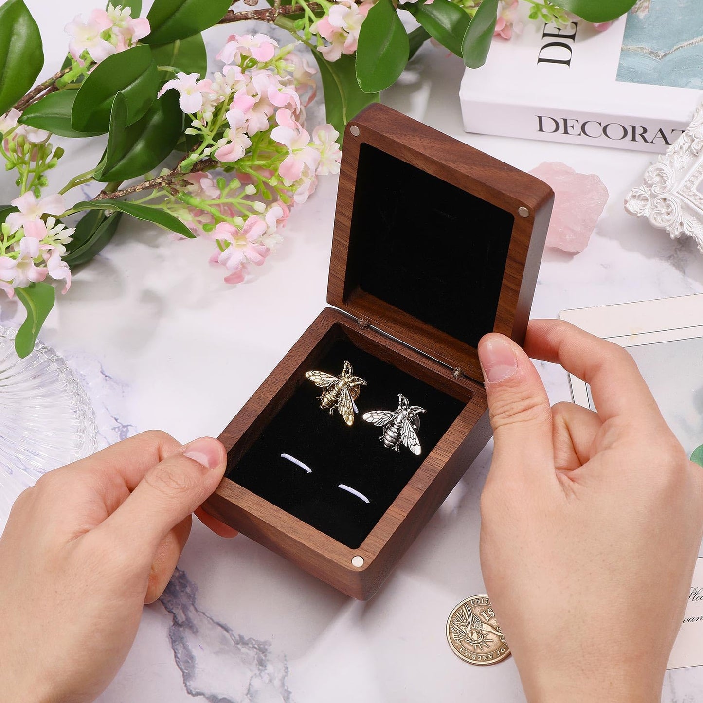 CONCHLERY Wooden Cufflink Tie Clip Box Rectangle Wood Cufflink Gift Box Coconut Brown Jewelry Display Box for Engagement Birthday Anniversary 3.54x2.95inch, Black Inside