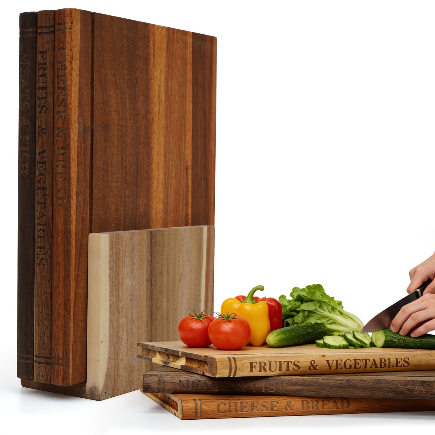 Book Cutting Board Set with Stand, Solid Acacia Book Shaped Cutting Board, 3pcs Bookshelf Cutting Board for Classify the food, Decorative Library Cutting Boards Set, Unique Gift for Book Lovers/Chefs
