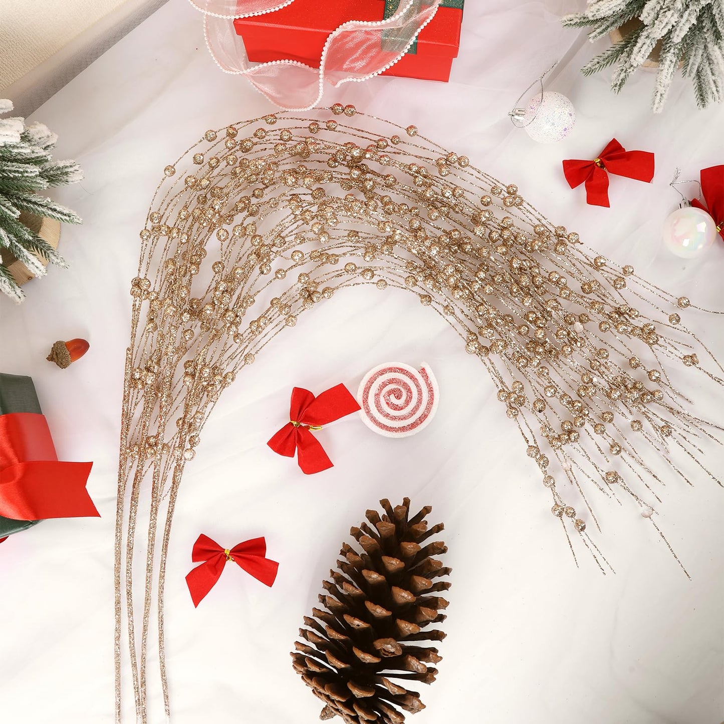 HRONG 24 PCS 39.37in Red Artificial Glitter Berry Stem Ornaments - Glittery Twigs，Branches for Christmas Tree Decorations, Holiday Wreaths, Wedding, DIY & Home Party Decor (Champagne)