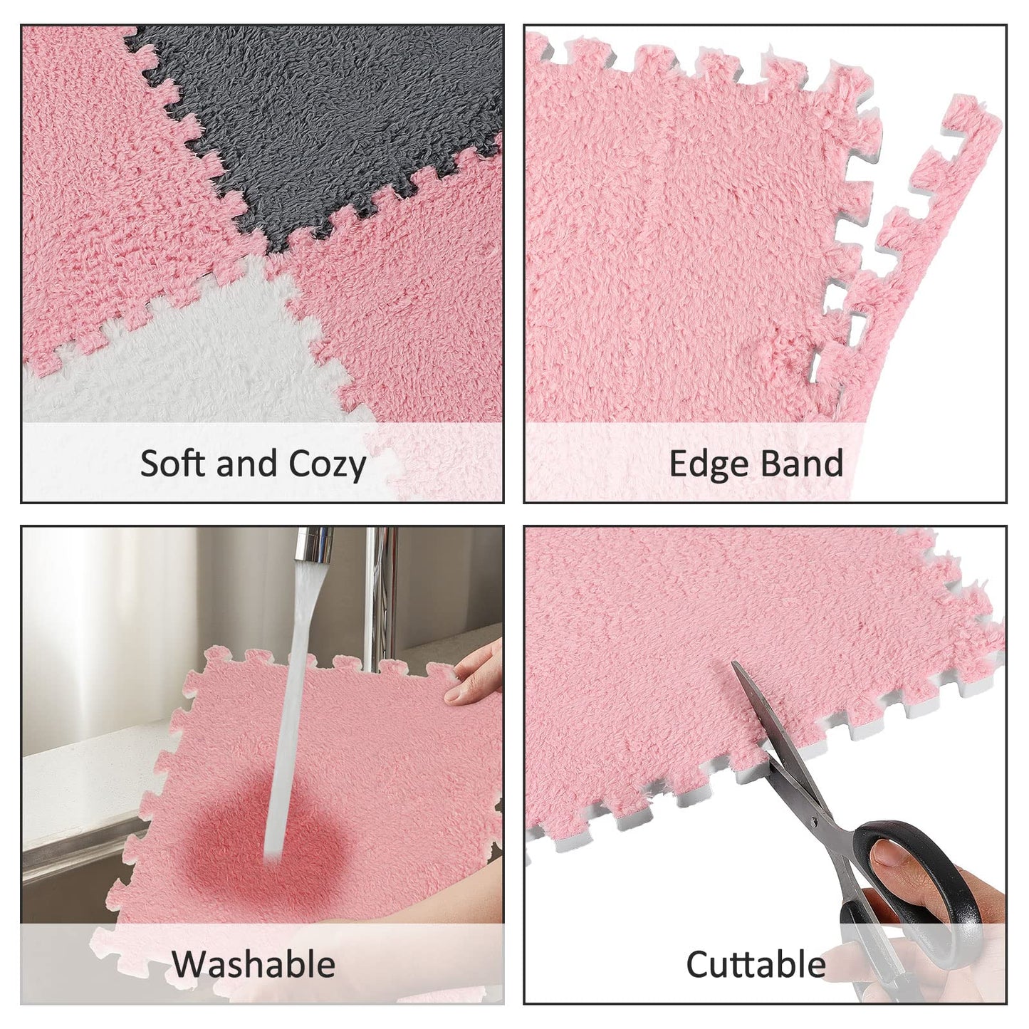 Amylove 18 Pcs Plush Foam Floor Mat Square Interlocking Carpet Tiles with Border Fluffy Play Mat Floor Tiles Soft Climbing Area Rugs for Home Playroom, 12 x 12 x 0.4 in(White, Pink, Gray)