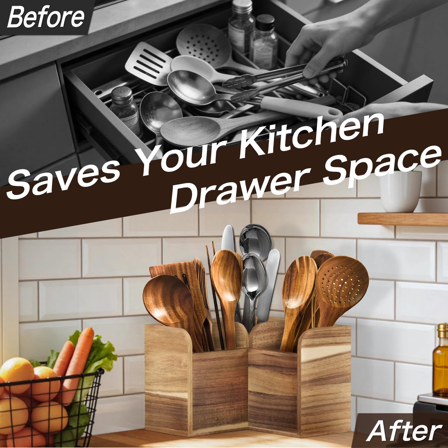 Vorisebo Acacia Wood Kitchen Utensil Holders for Countertop, Wooden Corner Utensils Holder with 3 Compartment, Farmhouse Utensil Caddy for Storage Cooking and Silverware, Opened Up Counter Space