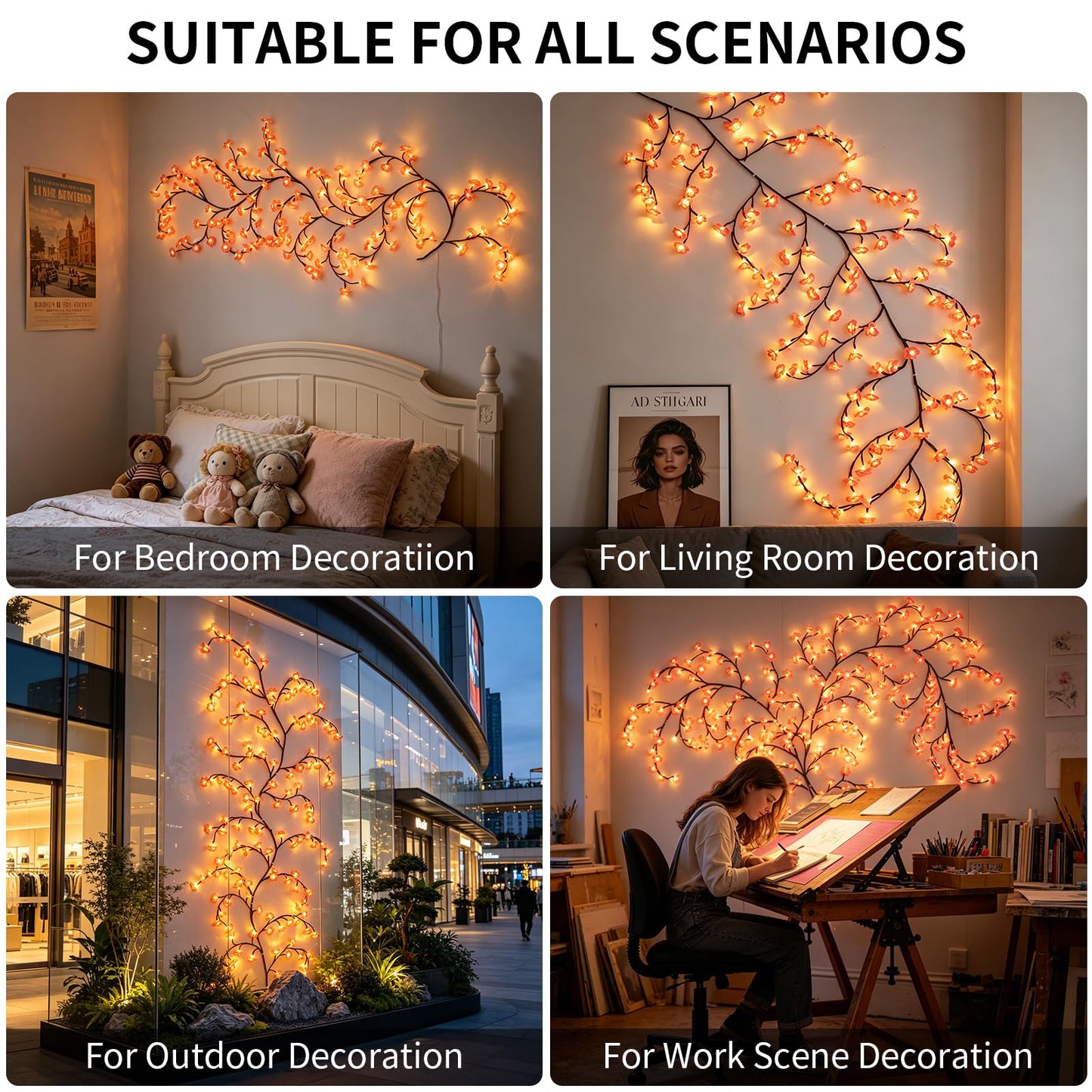 FNHMSL Cherry Enchanted Willow Vine Lights, 4FT 48LED Pink Cherry Blossom Tree Branch Lights for Wall, Remote Timer,8 Light Model,Bedroom Wall Doors Wedding, Christmas, USB Battery Box