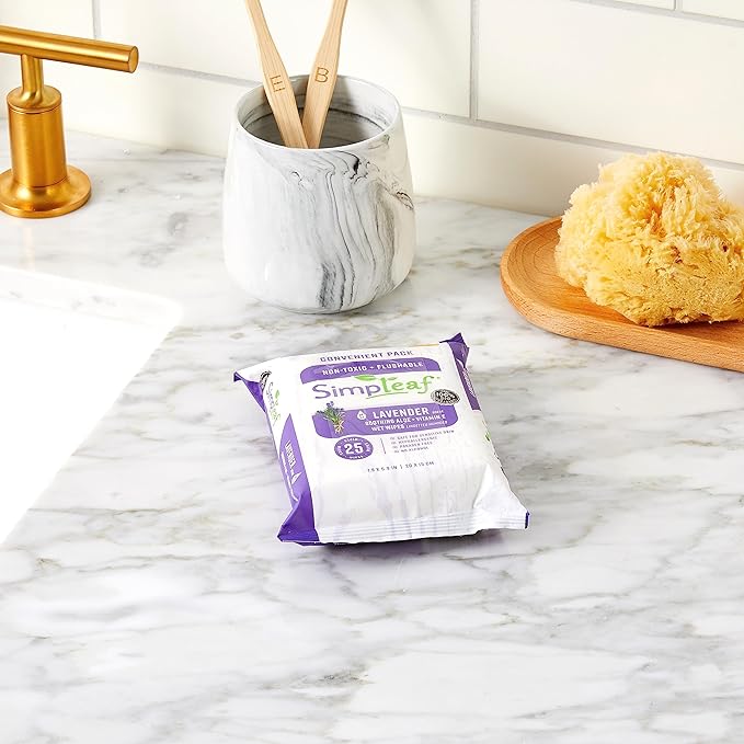 Simpleaf Flushable Wet Wipes Lavender| Eco-Friendly, Paraben & Alcohol Free | Hypoallergenic & Safe for Sensitive Skin | Soothing Aloe Formula | (6 x 25 Counts Convenient Pack) 150 Counts Total