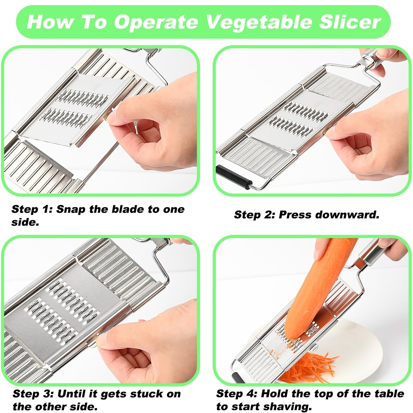 Suuker 4 in 1 Vegetable Cutter with Cheese Grater, Carrot Grater, Cabbage Shredder, Stainless Steel Mandoline Slicer for Kitchen