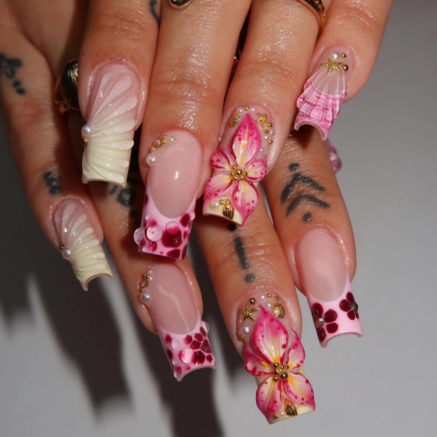 BABALAL Long Square Press on Nails - Pink French Tip Yellow Chrome 3D Texture Flower with Gold Charm Summer Handmade Full Cover Acrylic Squoval Nails 24 Pieces