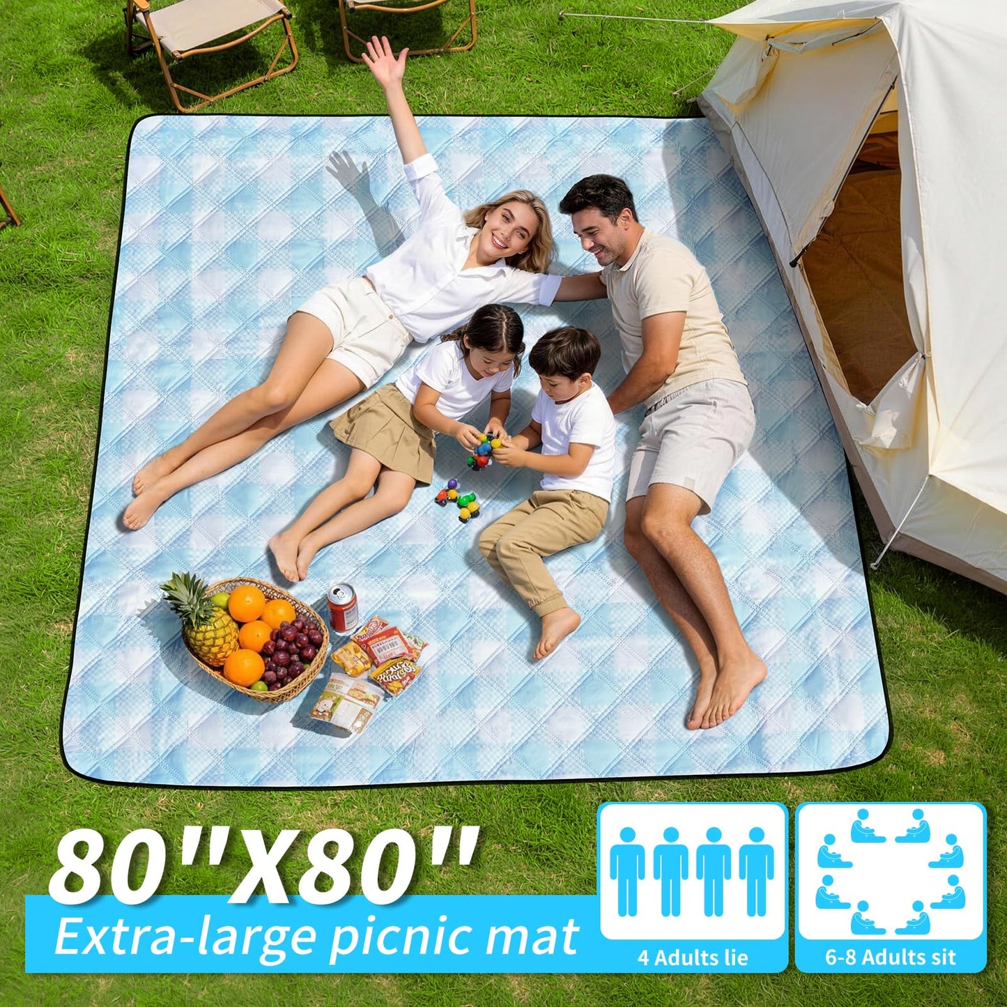 sapsisel Picnic Blankets, Waterproof Picnic Blanket for 6-8 Adults, 80''x80'' Extra Large Beach Blanket, Picnic Mat for Camping, Beach, Grass and Park