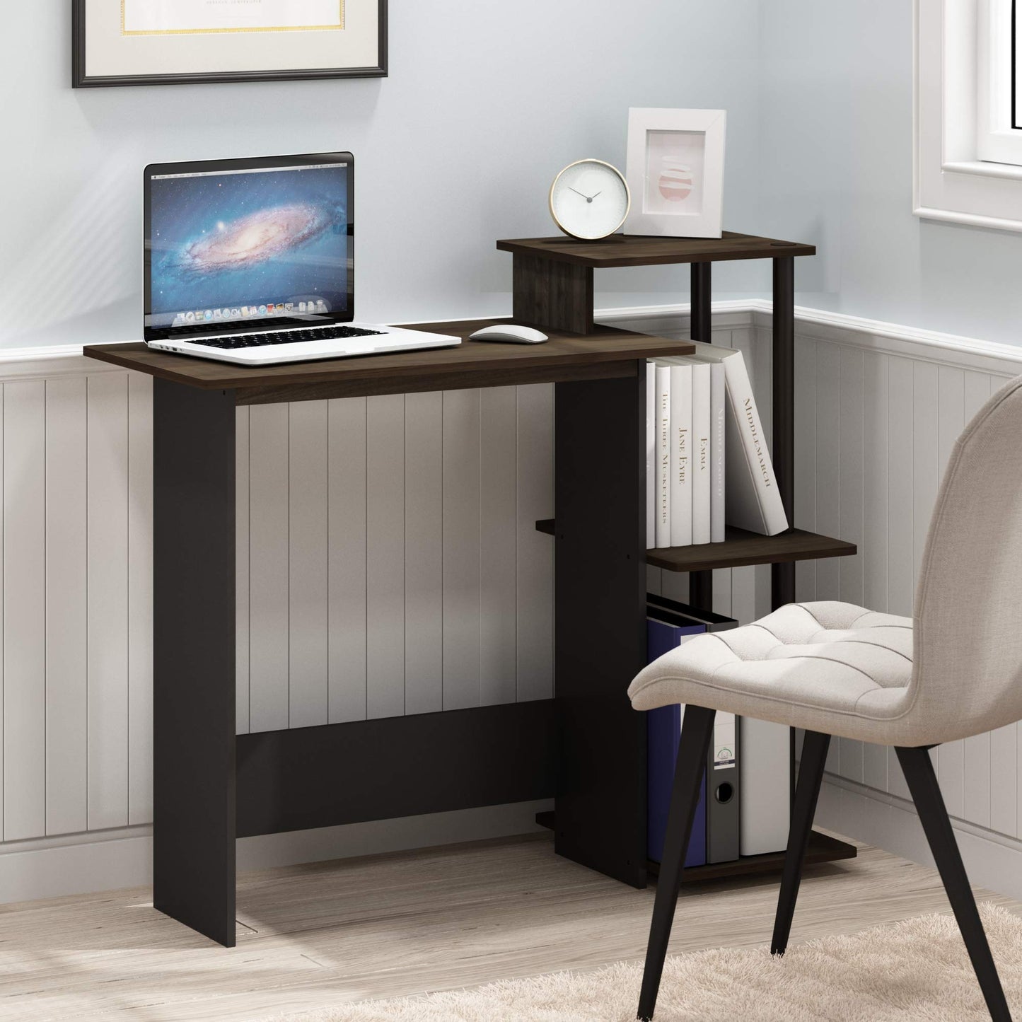 Furinno EFFICIENT Desk, 28.6" Wide Gaming Desk with 3 Open Side Shelves, Laptop Notebook Computer Desk, Office Desk for Home Office, Study Room, Dorm, Bedroom, Columbia Walnut