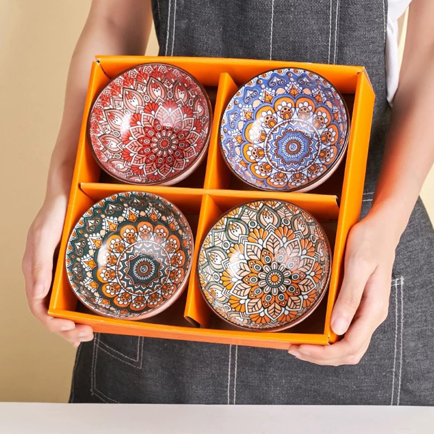AQUGOO 4 Pcs Ceramic Bowls Set, Bohemian Style Colorful Bowl, Ceramic Rice Bowls 10 oz, New Year Gift Set, Housewarming Gift, Dishwasher & Microwave Safe Bohemian Bowls Sets