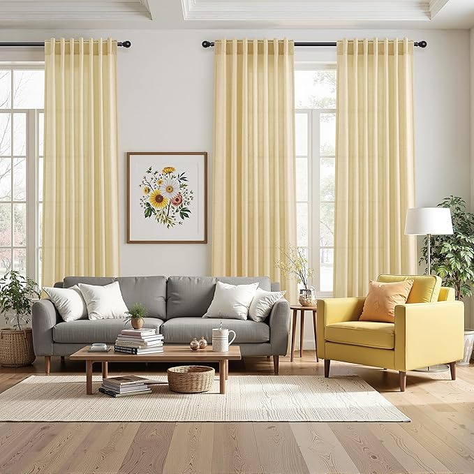 Nanspring Cream Yellow Linen Curtains 63 Inch Length for Living Room Light Filtering Modern Farmhouse Semi Sheer Curtains Back Tab and Rod Pocket Privacy Curtain for Bedroom Office 52x63, 2 Panels