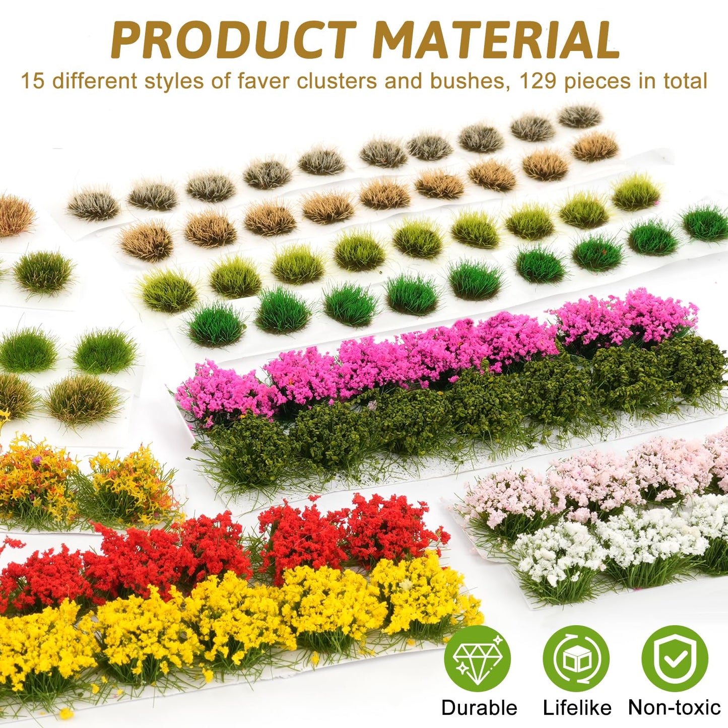Draupnir 129 Pcs Static Grass Tuft Model Flower Vegetation Groups Self Adhesive Artificial Model Miniature Flowers Cluster for Train Landscape Terrain Railway Scenery Sand