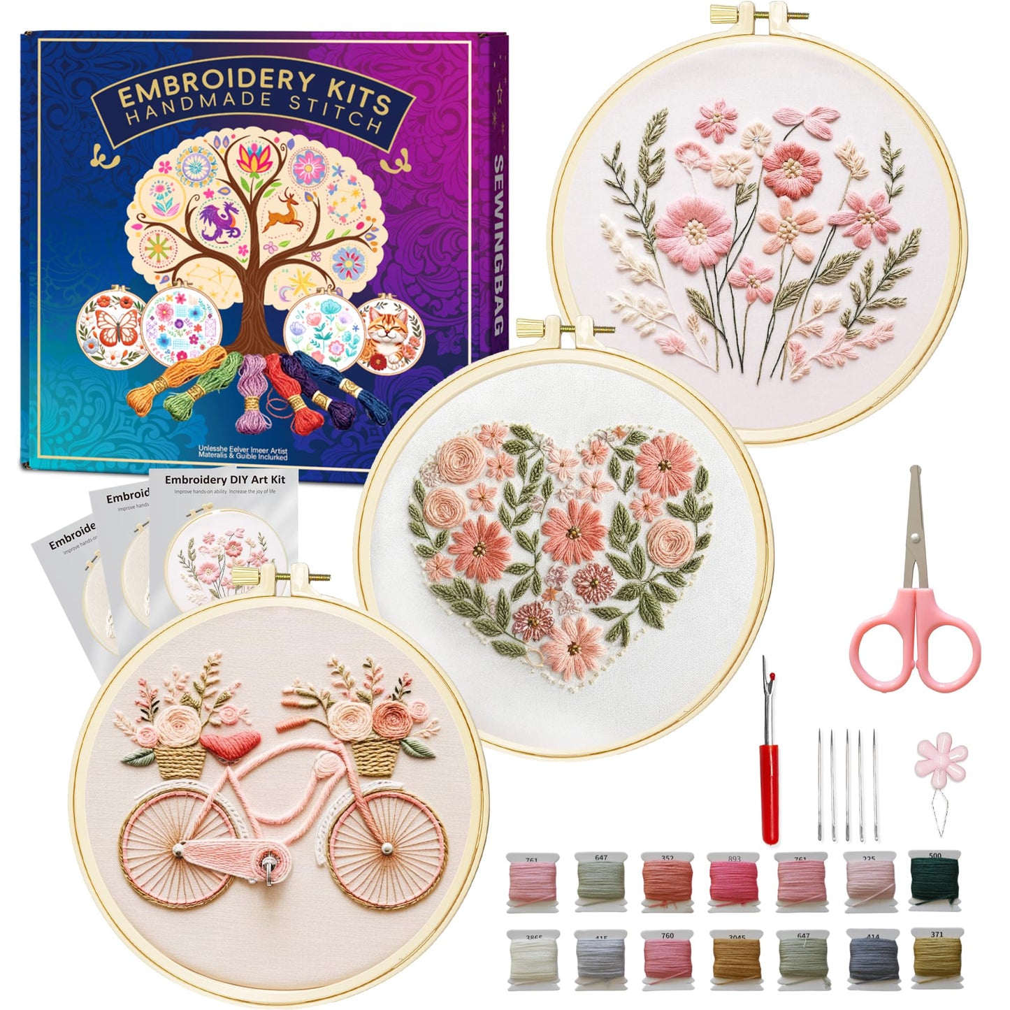 Huacan Embroidery Kit for Adults Beginner - Embroidery Kits for Adults Beginner 3 Pcs Stamped Heart Pattern, Hand Stitching Kit Art Craft, DIY Sewing Kit with Box 7.9 x 7.9 Inch