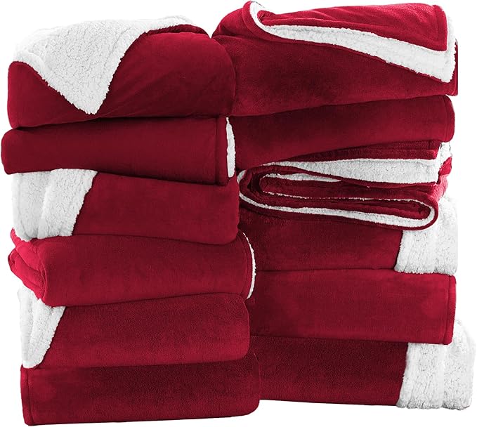 IR Imperial Rooms Burgundy Sherpa Fleece Throw Blanket Twin Size for Bed - Wholesale Bulk Pack of 12 Sherpa Blankets - Soft Fluffy Throw Blankets for Hotels, Guest Bedroom, 60x80 Inches