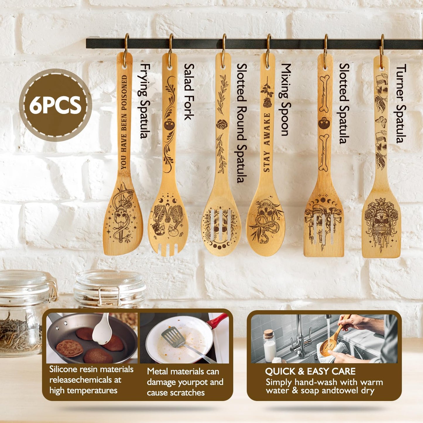 Skull Engraved Bamboo Spoons Cooking Set - 6 Pcs Goth Kitchen Tools, Unique Gifts for Women Dark Aesthetic Lovers, Edgy Home Decor for Halloween Housewarming Birthday Alternative Style