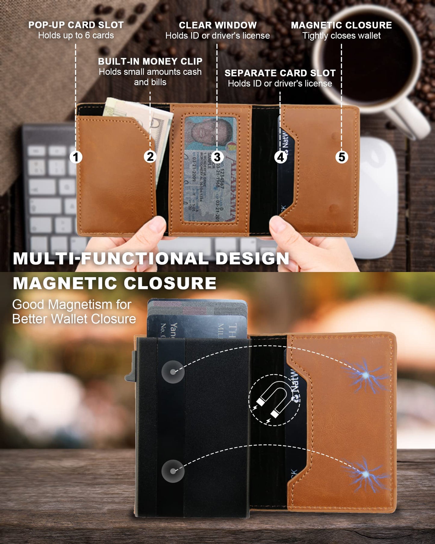 Handcrafted Leather Airtag Wallet for Men - Smart RFID Blocking Wallet with Quick ID Window & Dedicated Tracker Slot | Find My Compatible, Pop-Up Card Case
